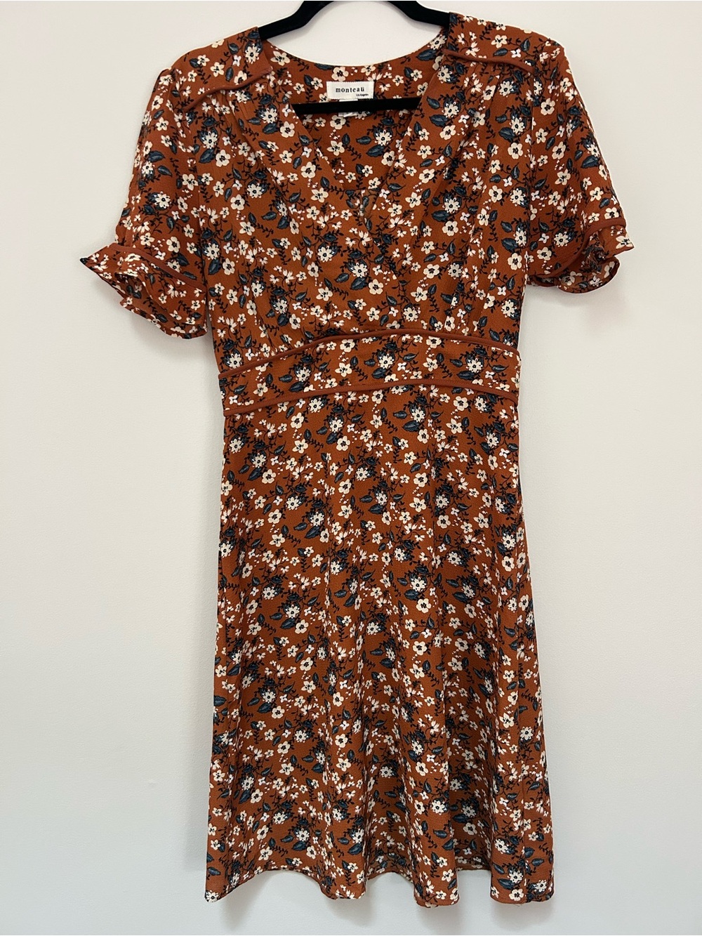 Monteau Rust Floral Short Sleeve Dress with Navy & White Accents Size L